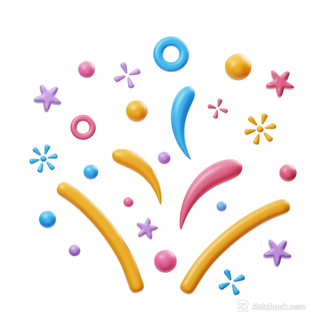 Vibrant Decorative Ornament Combination with Colorful Stars Rings Balls Curved Strips and Flowers 3d model 