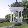 Classical White Pavilion With Columns And Ornate Roof Among Green Trees And Lawn