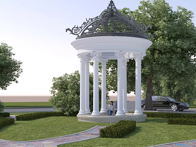 Classical White Pavilion With Columns And Ornate Roof Among Green Trees And Lawn 3d model