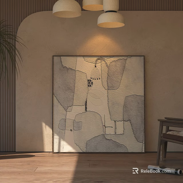 Abstract Painting On Beige Wall In Cozy Interior With Plant And Wooden Chair 3d model 