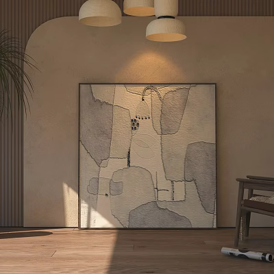 Abstract Painting On Beige Wall In Cozy Interior With Plant And Wooden Chair 3d model