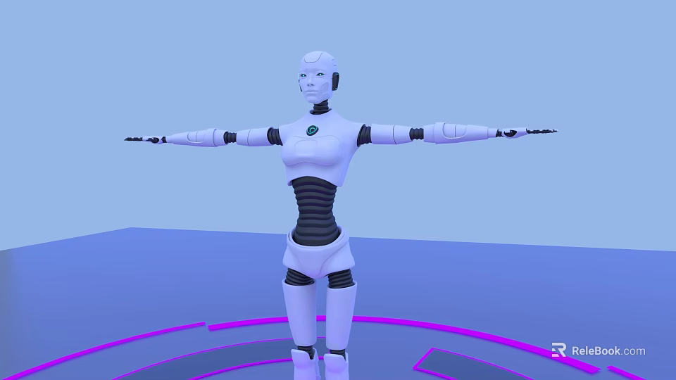 White Humanoid Robot With Extended Arms Standing On Blue Platform With Purple Circular Rings Around 3d model 