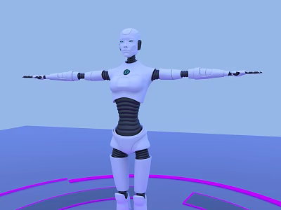 White Humanoid Robot With Extended Arms Standing On Blue Platform With Purple Circular Rings Around 3d model