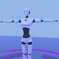 White Humanoid Robot With Extended Arms Standing On Blue Platform With Purple Circular Rings Around
