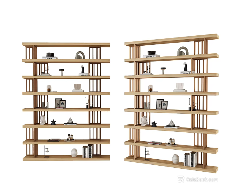 Wooden Multi Tiered Shelving Unit With Decorative Items Photo Frames And Books 3d model 