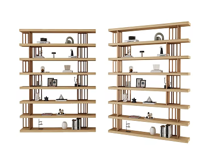 Wooden Multi Tiered Shelving Unit With Decorative Items Photo Frames And Books 3d model
