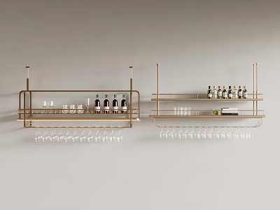Wall Mounted Brass Display Shelves With Wine Bottles Glasses And Modern Tiered Design 3d model