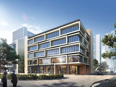 Modern Multistory Office Building Exterior With Large Glass Windows Surrounded By Trees And Greenery 3d model
