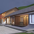 Modern Boutique Guesthouse Building With Stone Wooden Large Glass Windows Balcony Plants Lawn Stone Path