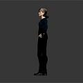 Stylish Woman In Dark Blue Top And Black Pants Standing With Hand On Hip