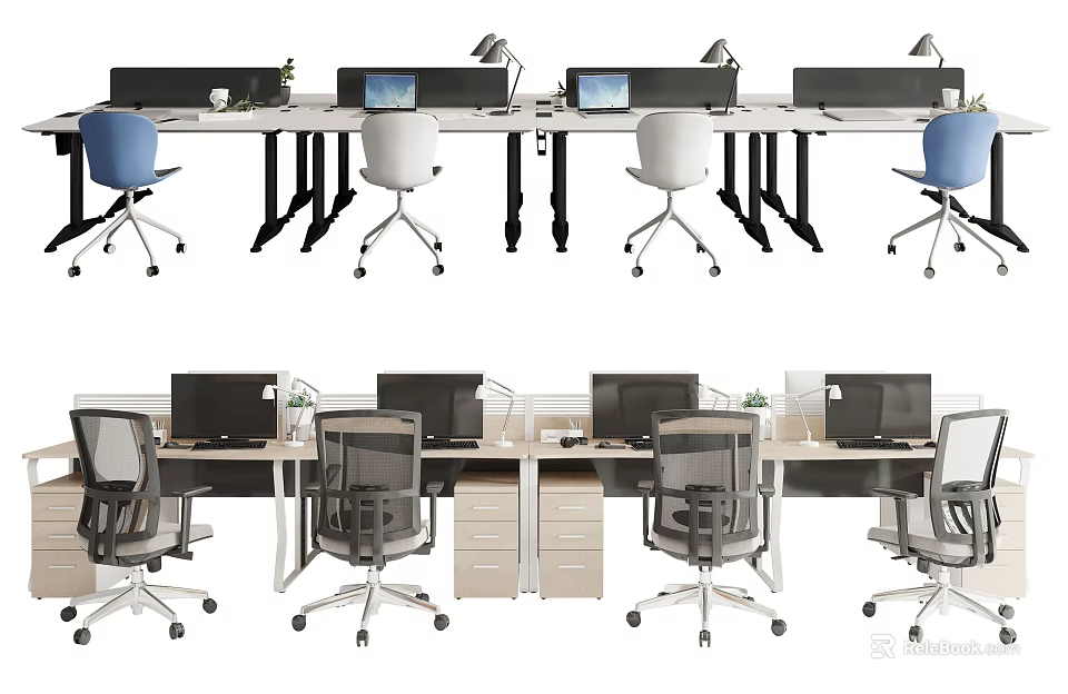 Modern Office Desk Setup With Multiple Monitors Ergonomic Chairs And Storage Units 3d model