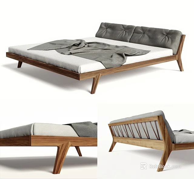 Modern Double Bed With Wooden Frame Gray Padded Headboard White Mattress And Gray Blanket 3d model 