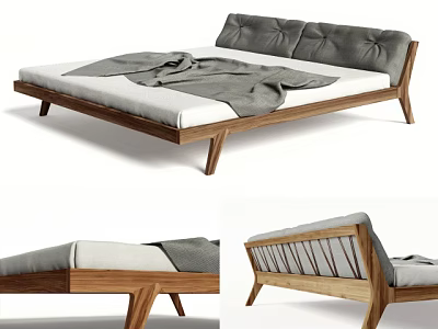 Modern Double Bed With Wooden Frame Gray Padded Headboard White Mattress And Gray Blanket 3d model