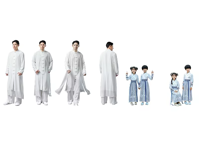 Multiple Adults And Children Posing In Traditional White Blue Outfits 3d model