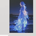 Abstract Painting Ethereal Figure in Blue Flowing Dress with Luminous Butterflies at Nighttime Seaside