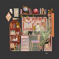 Cartoon Style Room Scene With Red Bookshelf Desk Chair And Decorative Items