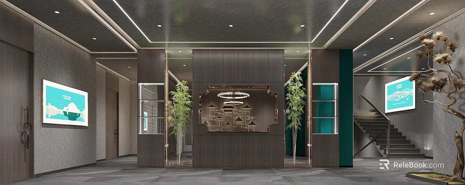 Modern Hotel Lobby Interior With Wooden Reception Desk Pendant Lights And Green Plants 3d model 