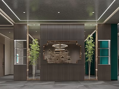 Modern Hotel Lobby Interior With Wooden Reception Desk Pendant Lights And Green Plants 3d model