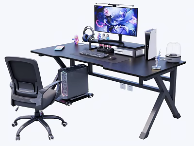 Gaming Desk and Chair Set with Black X Frame Design Computer Monitor Headphones and Keyboard 3d model