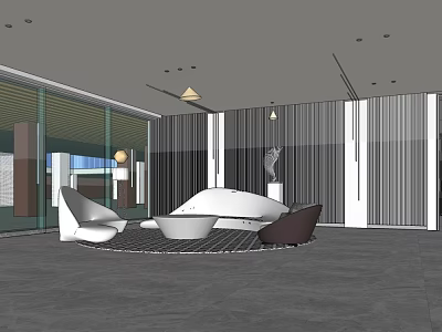 Modern Reception Area Featuring Comfortable Sofas Round Rug Modern Lighting And Sculpture Decor 3d model