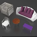 Gray Textured Lounge Chair In Modern Lounge Setting With Purple Cushions And Wooden Side Table