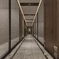Modern Office Corridor With Dark Walls Marble Flooring Green Plants And Ceiling Light Strips