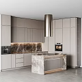 Modern Open Kitchen Interior With Cabinets Marble Island Countertop And Range Hood