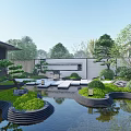 Karesansui Garden In Modern Courtyard With Stone Pathway Small Ponds Green Plants And Lighting