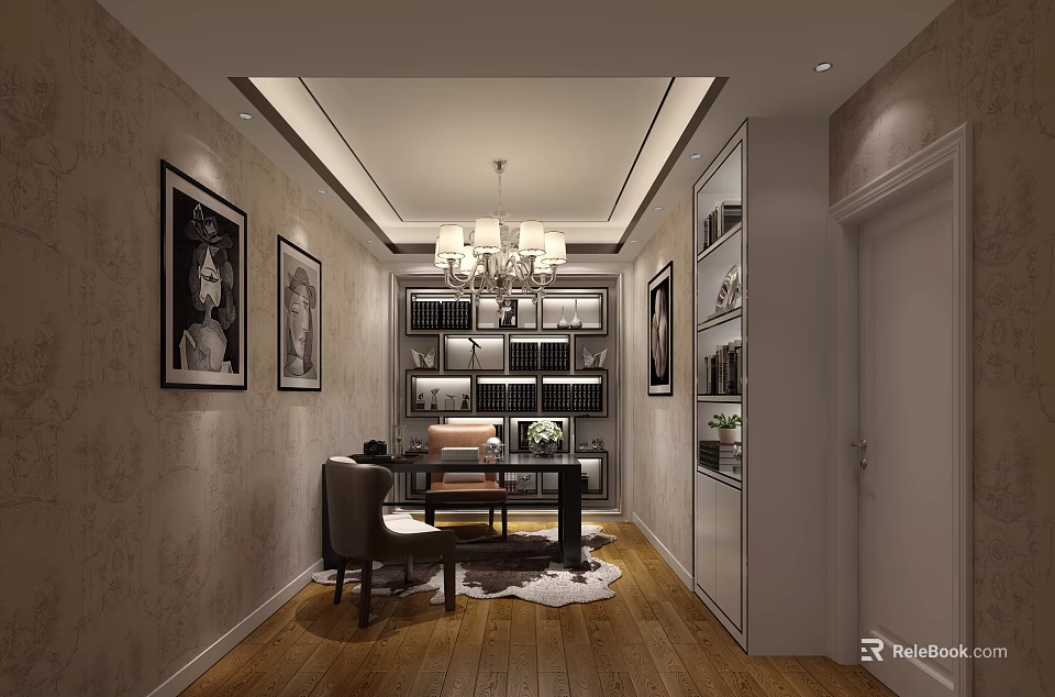Elegant Modern Home Study With Built In Illuminated Bookshelves Chandelier And Wall Art Decorations 3d model 