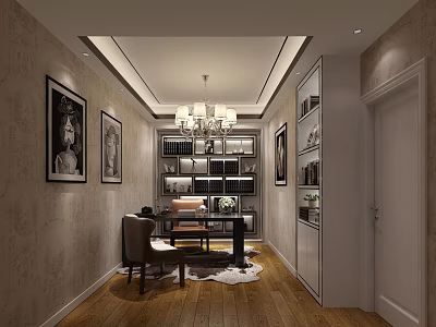 Elegant Modern Home Study With Built In Illuminated Bookshelves Chandelier And Wall Art Decorations 3d model
