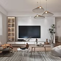 Modern Living and Dining Room Interior With Sofa Coffee Table Rug Pendant Lights And Plant