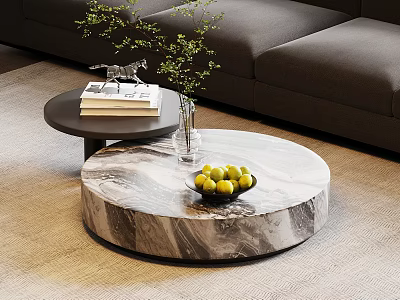 Round Marble Coffee Table With Bowl of Green Apples and Side Table With Books 3d model