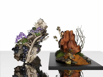 Decorative Flowers and Plants Arrangement with Wooden Branches Moss and Black Base 3d model
