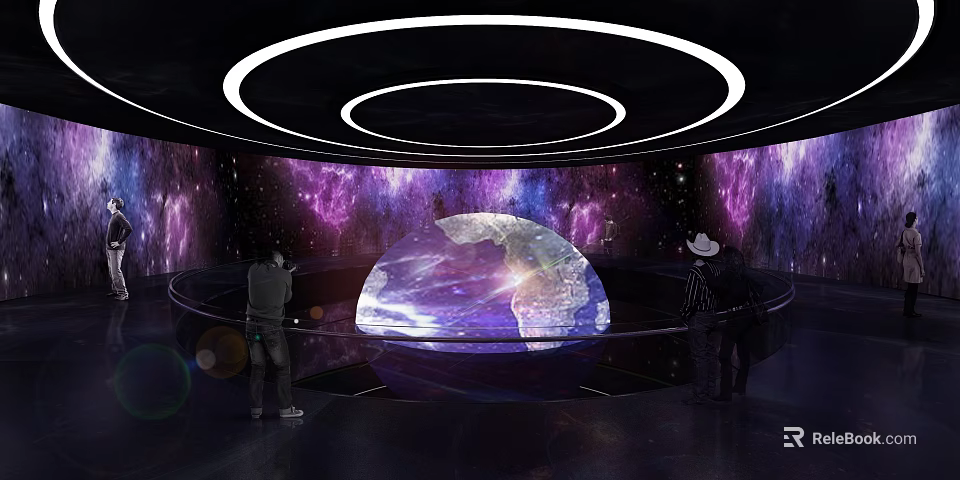 Interactive Sphere Display With Circular Lights And Purple Starry Background 3d model 