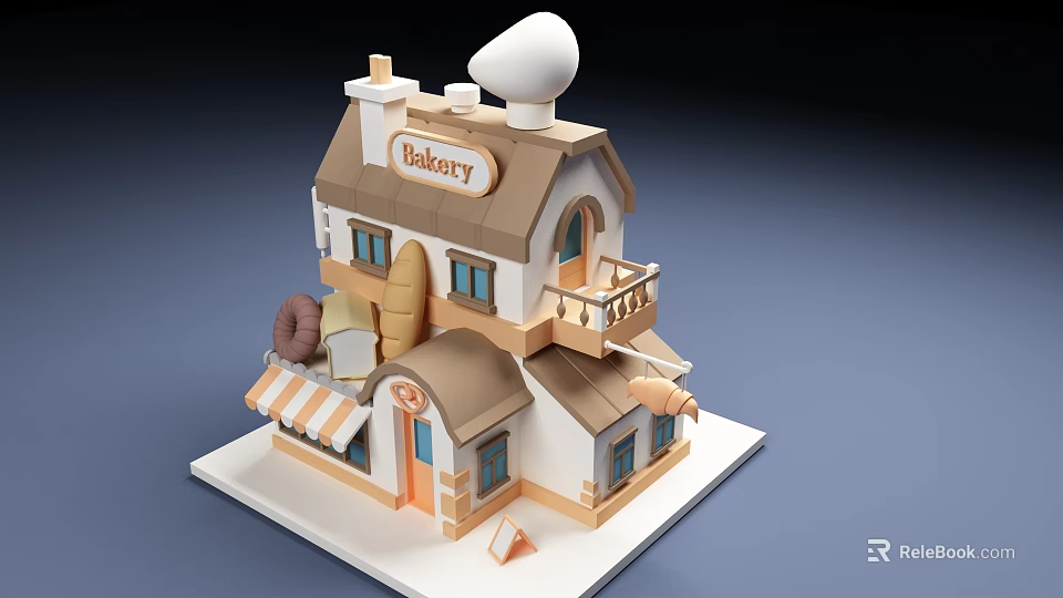 Cartoon Bakery Scene With Two Story Building Orange Awning Donut Bread Decoration 3d model 