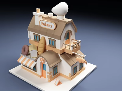 Cartoon Bakery Scene With Two Story Building Orange Awning Donut Bread Decoration 3d model