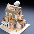 Cartoon Bakery Scene With Two Story Building Orange Awning Donut Bread Decoration