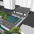 Modern Sales Office Building With Large Glass Walls Water Pool Reflection And Entrance Design 3d model