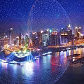 Night View Of City Skyline With Illuminated Spherical Structures And Waterfront