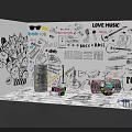 Interactive Zone with Graffiti Wall Hand Drawn Art Music Notes Microphone Guitar and Transparent Jars