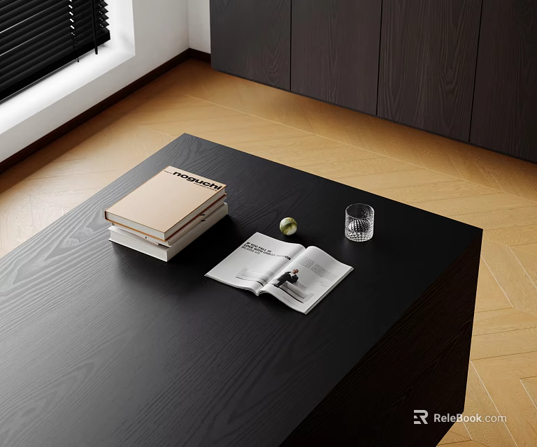 Decorative Ornament Set With Stacked Books Open Magazine Green Ball Glass On Black Coffee Table 3d model 