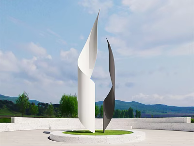Modern Roadside Sculpture as Road Infrastructure Element with Green Lawn and Mountain Background 3d model