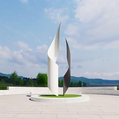Modern Roadside Sculpture as Road Infrastructure Element with Green Lawn and Mountain Background 3d model