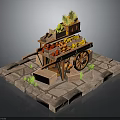 Wooden Fruit Cart Loaded with Fresh Fruits Vegetables and Green Plants on Stone Slab