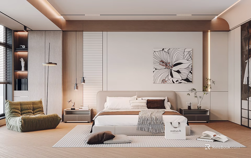 Modern Bedroom Interior with Cozy Bed Decorative Painting Bedside Tables Green Chair and Soft Rug 3d model 