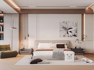 Modern Bedroom Interior with Cozy Bed Decorative Painting Bedside Tables Green Chair and Soft Rug 3d model
