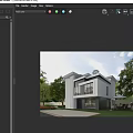 Modern Detached Villa Exterior with Large Windows White Black Facade Trees and Outdoor Yard