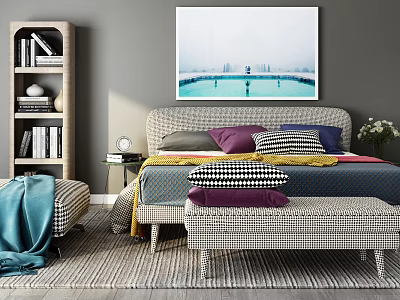 Modern Bedroom Interior With Double Bed Large Painting Colorful Pillows Bench And Bookshelf 3d model