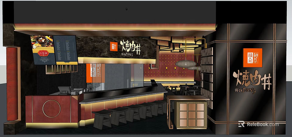 Japanese BBQ Restaurant Interior With Bar Counter Stools Wooden Decor Pendant Light 3d model 
