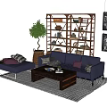 Blue Sofa And Coffee Table Set With Ottoman Green Plant Decorative Shelf And Wall Art